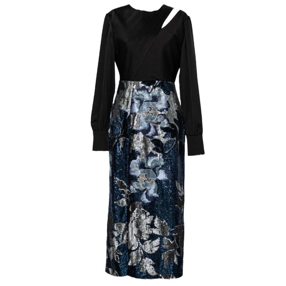 Three Floor Navy Satin Lined Embroidered Sequin Tailored Dress Size  NWOT